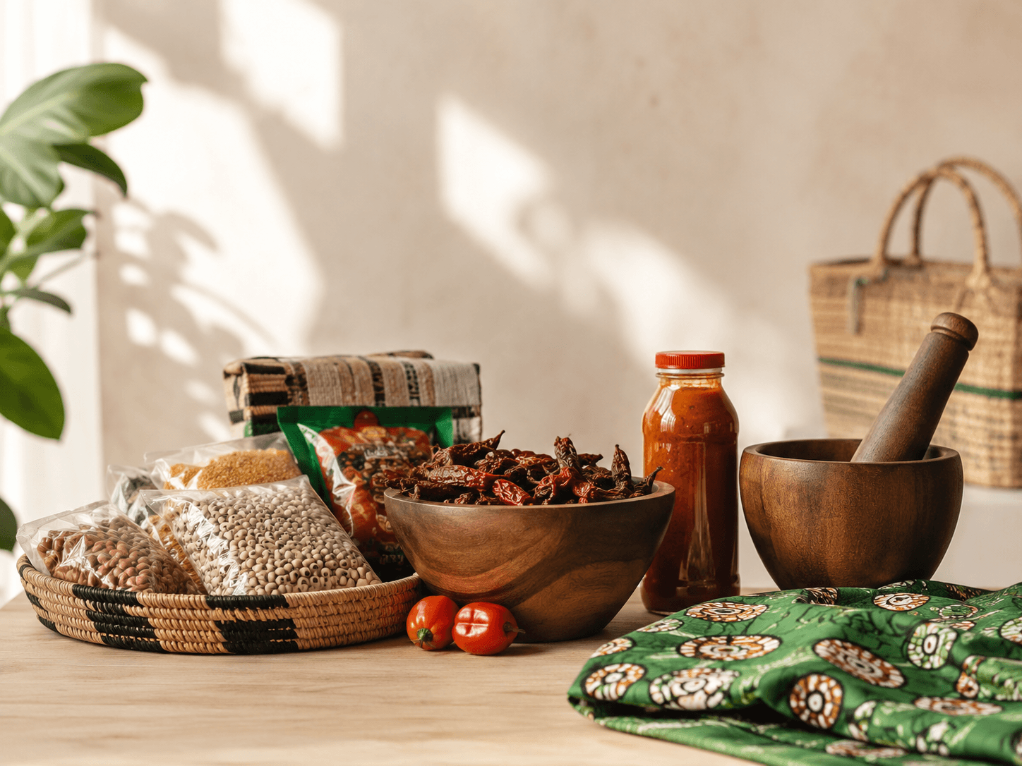 Nigerian pantry staples: spices, palm oil, wooden mortar, wicker basket